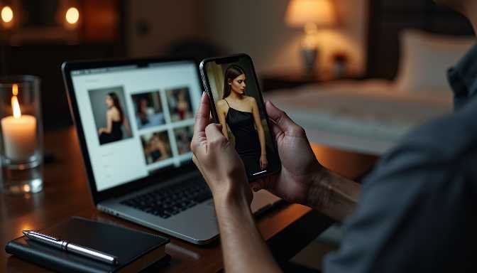 Man reviewing photos on phone and laptop, including a woman in a black dress.