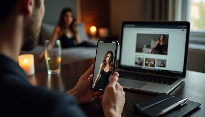 Man viewing woman in black dress on phone, laptop displays similar image