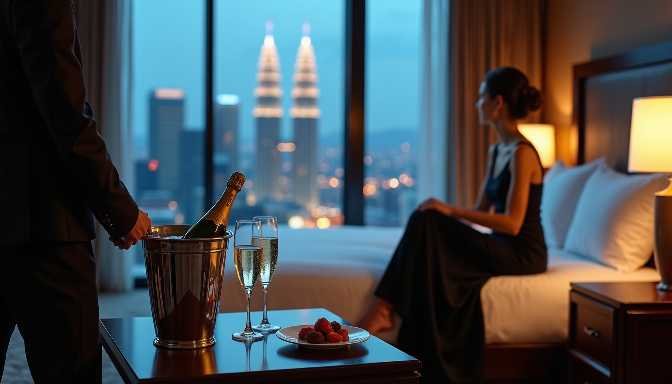 Couple celebrating with champagne in a luxury hotel room overlooking city skyline